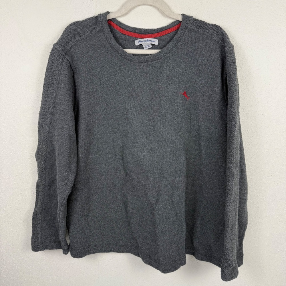 Tommy Bahama Mens XL Gray Textured Knit Long Sleeve Crewneck Sweater Marlin Logo